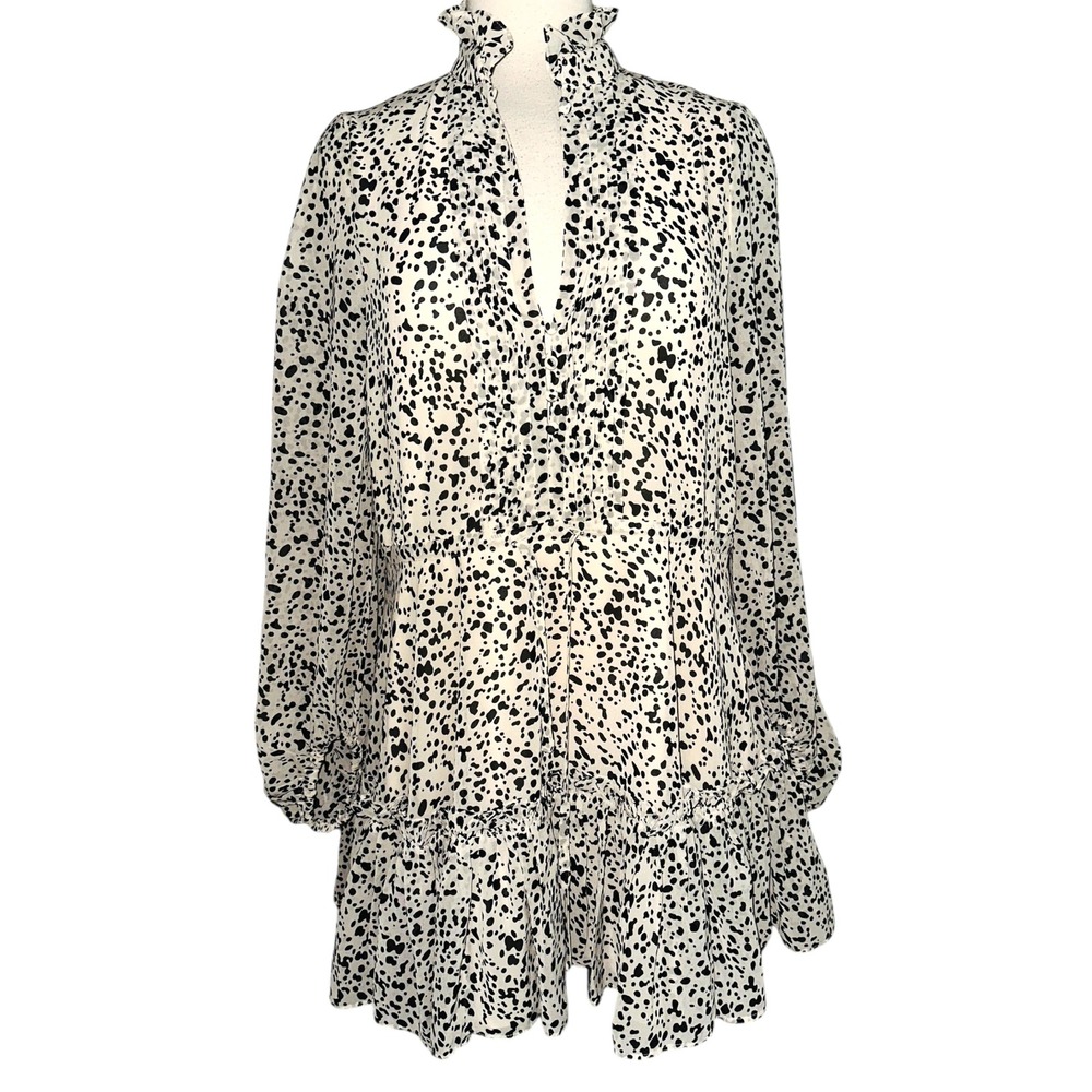 WB4 Buddy Love‎ Women's Cream Black Spotted Ruffle Neck Long Sleeve Mini Dress